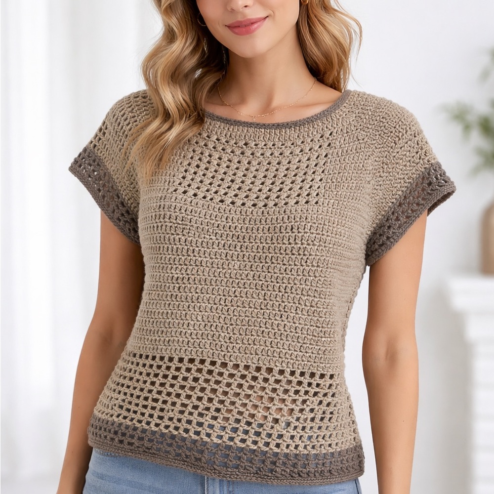 Boho Crochet Top Handmade Beige Taupe Cottagecore Summer Knit Festival S-M